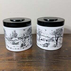 Set 2 Vintage Maxwell House White Milk Glass Coffee Canister Winter Scenes 5"